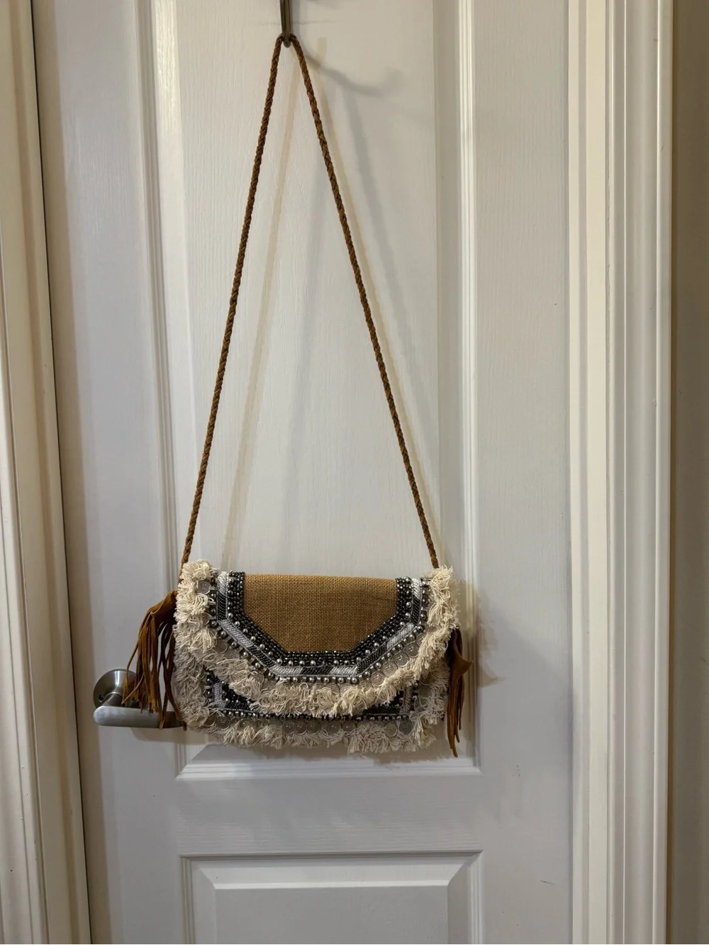 Boho Fringe Beige Crossbody Bag with Coin & Bead Detail